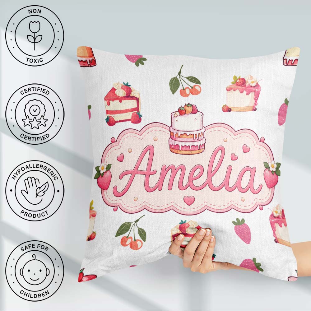 Custom Name Strawberry Cherry Cake Dessert Light Grey Background Square Filled Cushion Throw Pillow Sofa Bed Home Decor Zip Washable UK Made