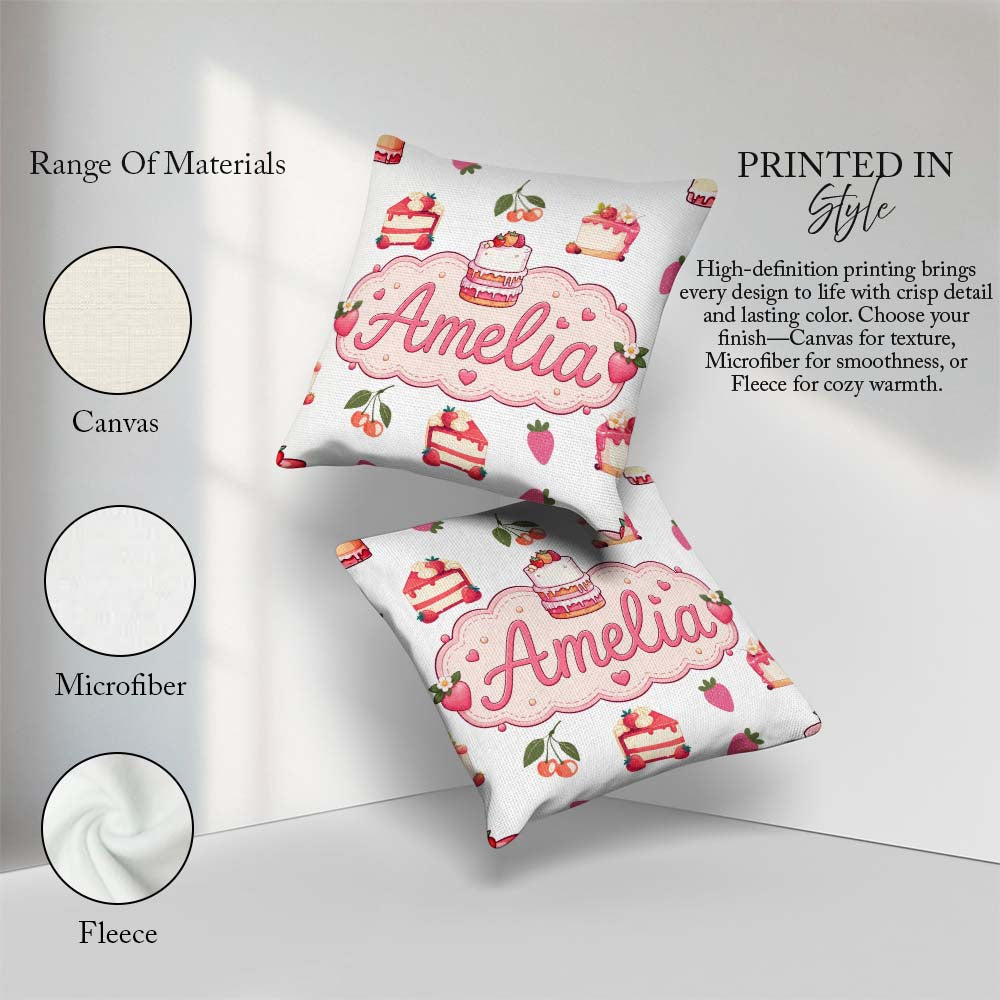 Custom Name Strawberry Cherry Cake Dessert Light Grey Background Square Filled Cushion Throw Pillow Sofa Bed Home Decor Zip Washable UK Made