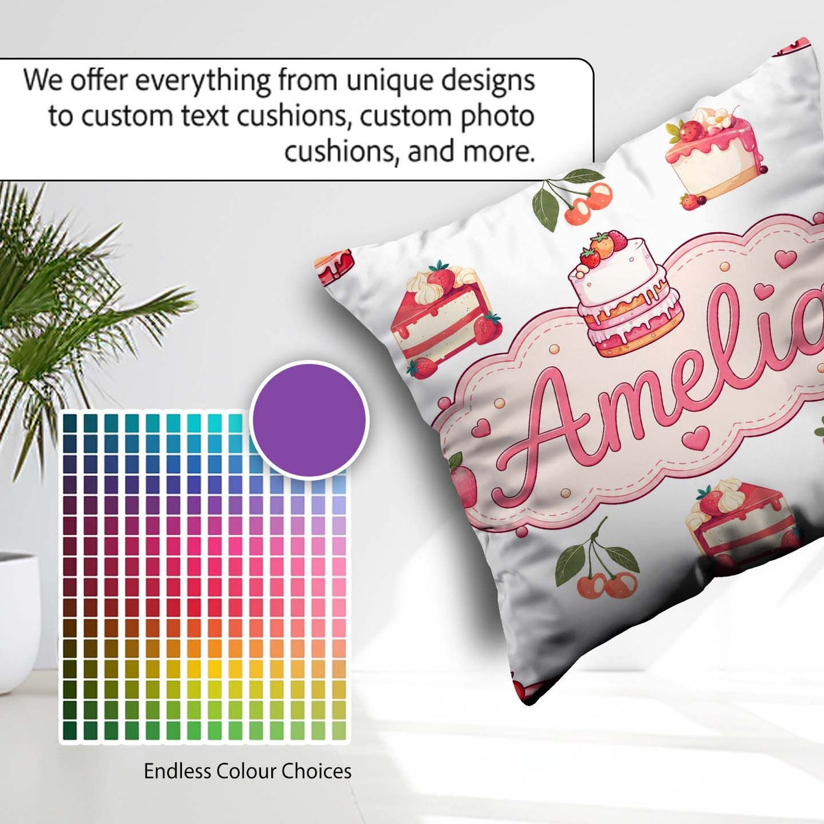Custom Name Strawberry Cherry Cake Dessert Light Grey Background Square Filled Cushion Throw Pillow Sofa Bed Home Decor Zip Washable UK Made