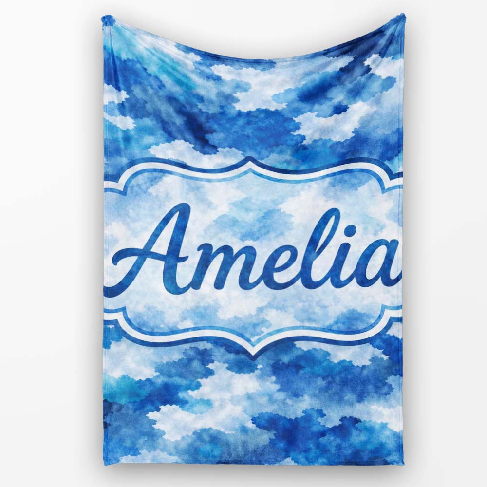 Watercolor Blue Camouflage Artistic Seamless Pattern Lovely Personalised Custom Name Super Soft Fleece Blanket Bed Sofa Throw