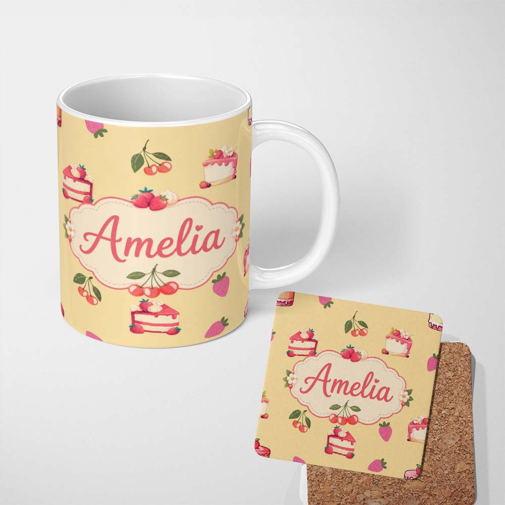Personalized Custom Name Cute Strawberry Cherry Cake Dessert Yellow Background Seamless 11oz Ceramic Coffee Tea Mug White Large Handle