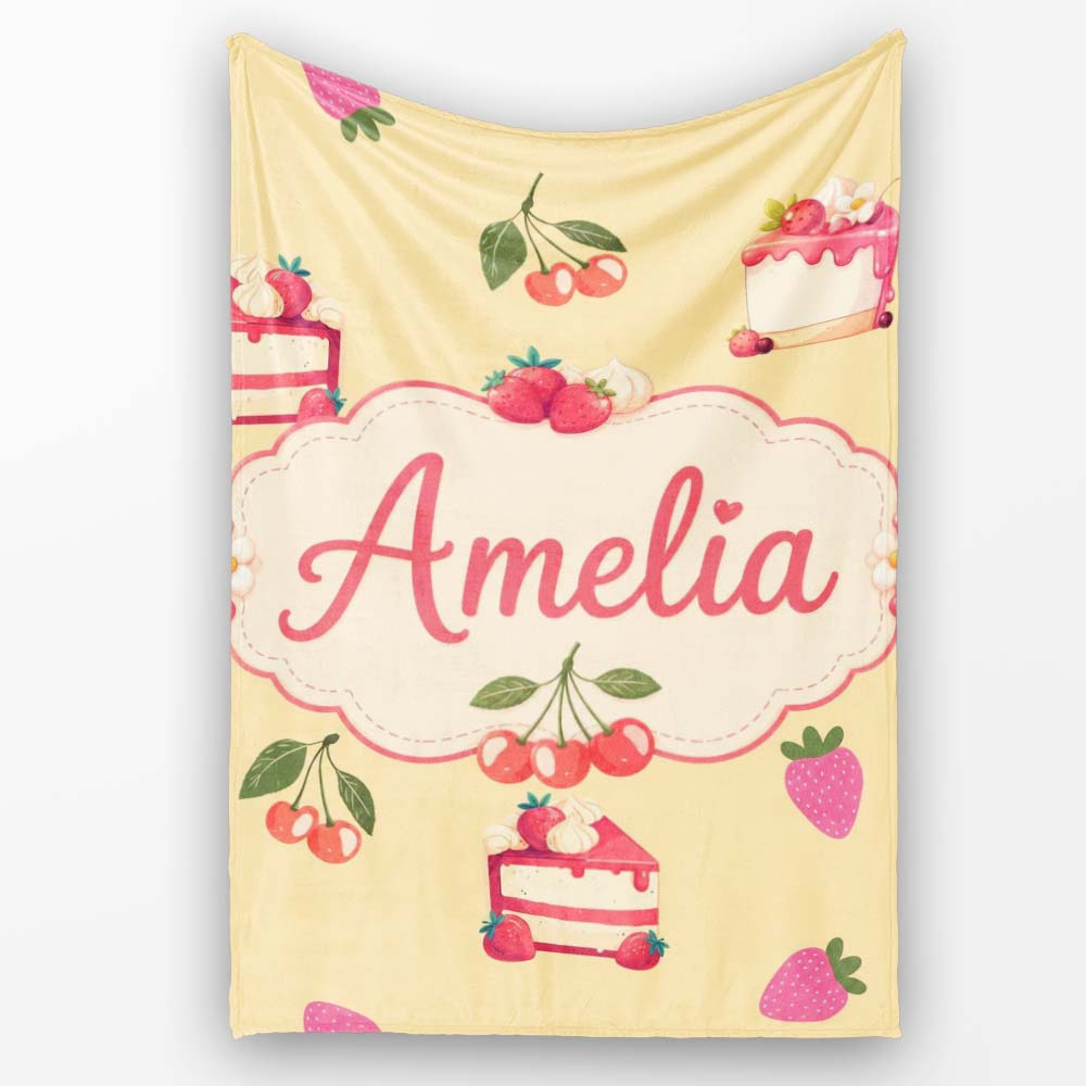 Cute Strawberry Cherry Cake Dessert Yellow Background Seamless Personalised Custom Name Super Soft Fleece Blanket Bed Sofa Throw