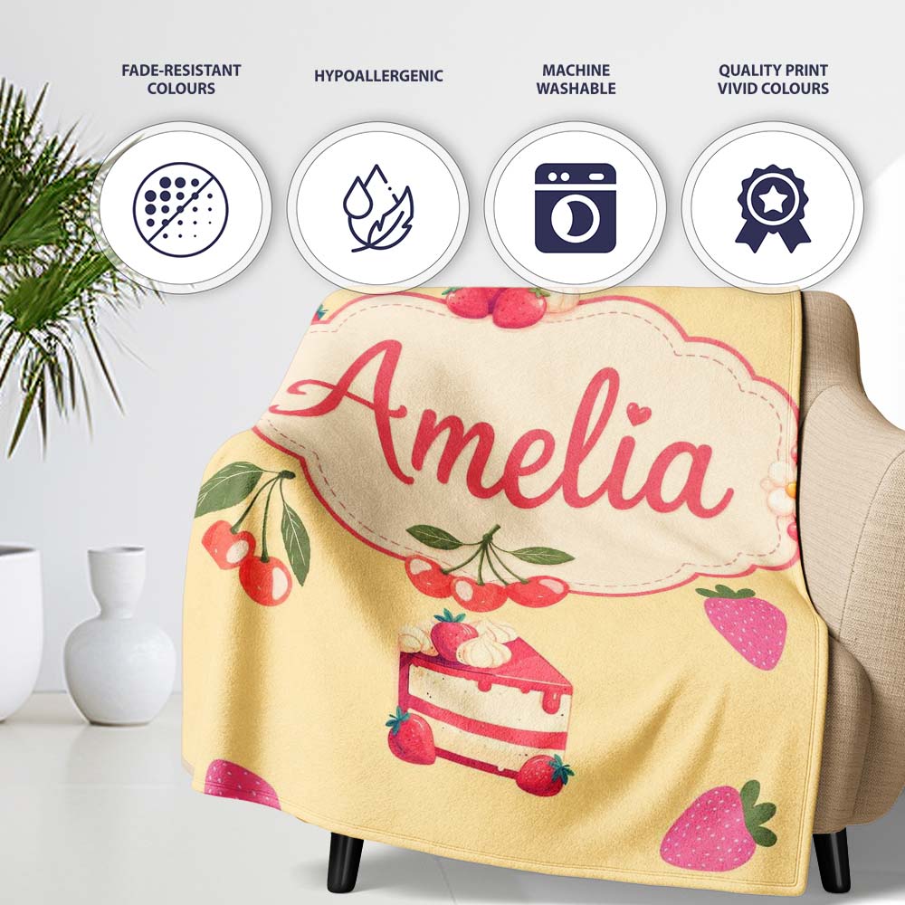Cute Strawberry Cherry Cake Dessert Yellow Background Seamless Personalised Custom Name Super Soft Fleece Blanket Bed Sofa Throw