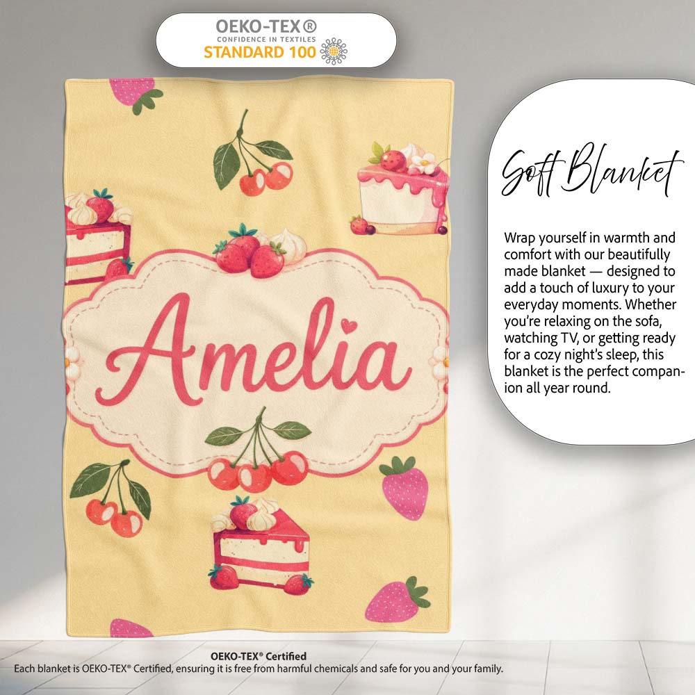 Cute Strawberry Cherry Cake Dessert Yellow Background Seamless Personalised Custom Name Super Soft Fleece Blanket Bed Sofa Throw