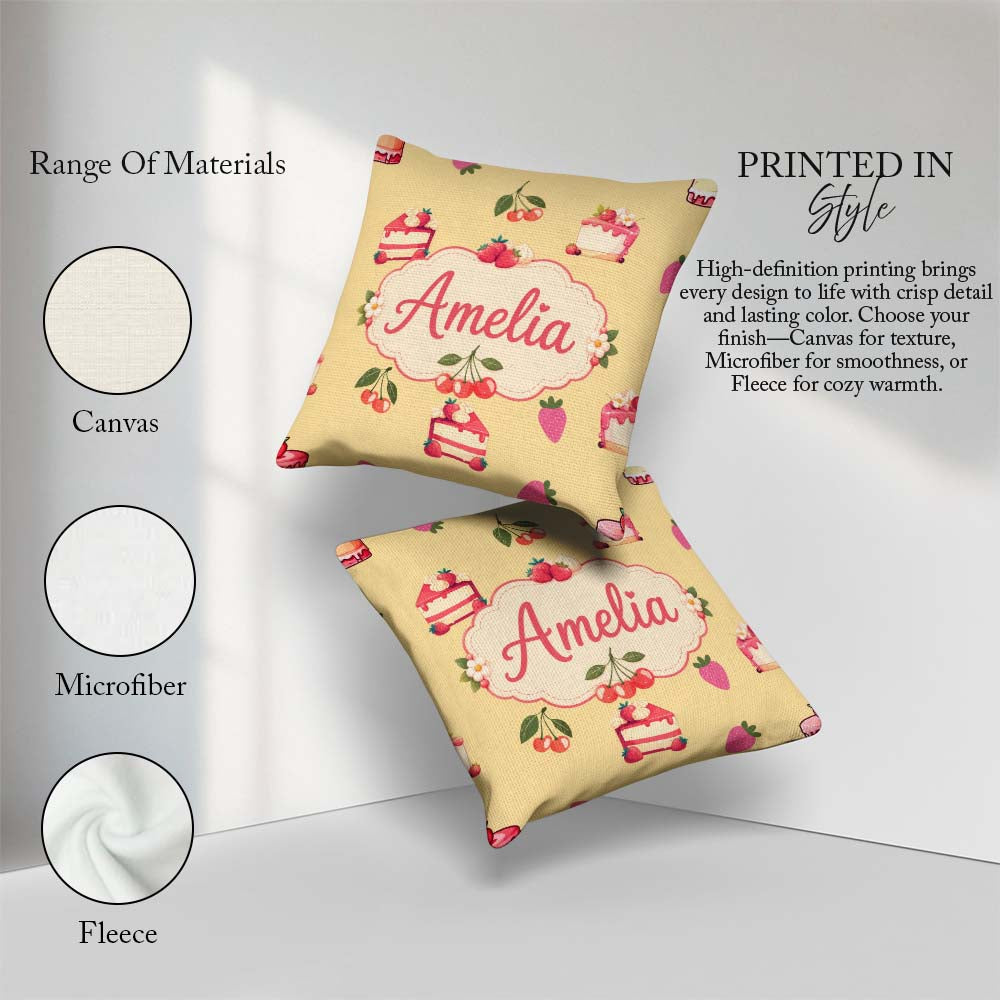 Custom Name Cute Strawberry Cherry Cake Dessert Yellow Seamless Square Filled Cushion Throw Pillow Sofa Bed Home Decor Zip Washable UK Made