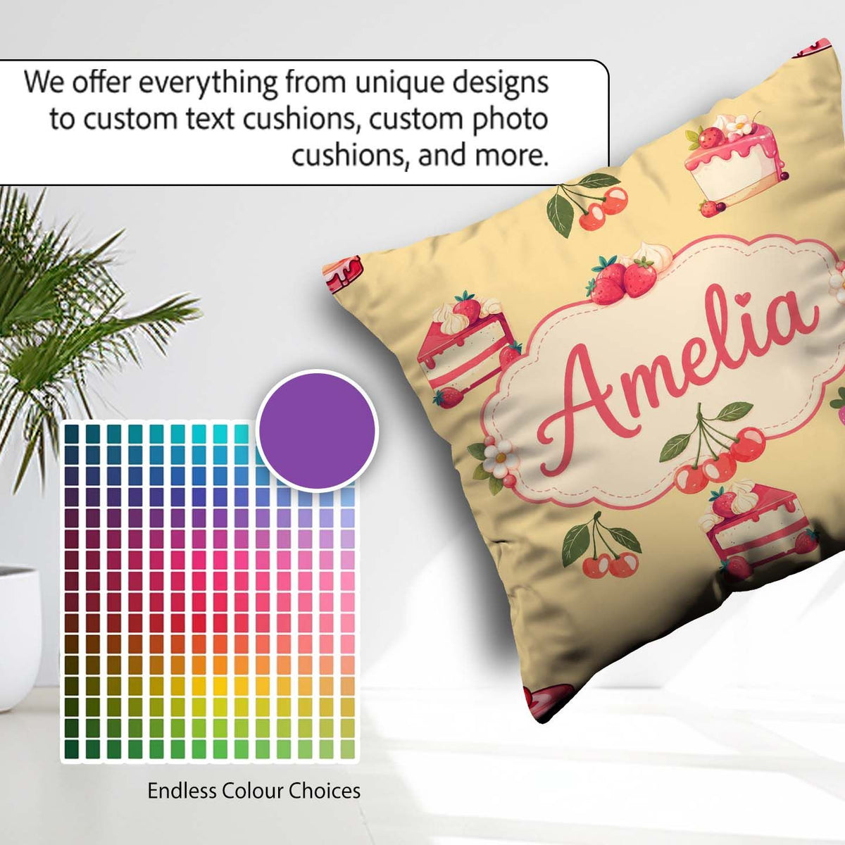 Custom Name Cute Strawberry Cherry Cake Dessert Yellow Seamless Square Filled Cushion Throw Pillow Sofa Bed Home Decor Zip Washable UK Made