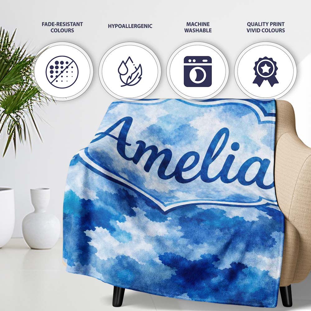 Watercolor Blue Camouflage Artistic Seamless Pattern Lovely Personalised Custom Name Super Soft Fleece Blanket Bed Sofa Throw