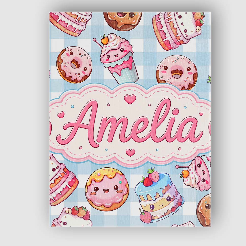 Personalised Name Cute Kawaii Donut Cake Custom Unique Gift Idea Elegant Feature Canvas Wall Art Print Decor Picture Ready to Hang