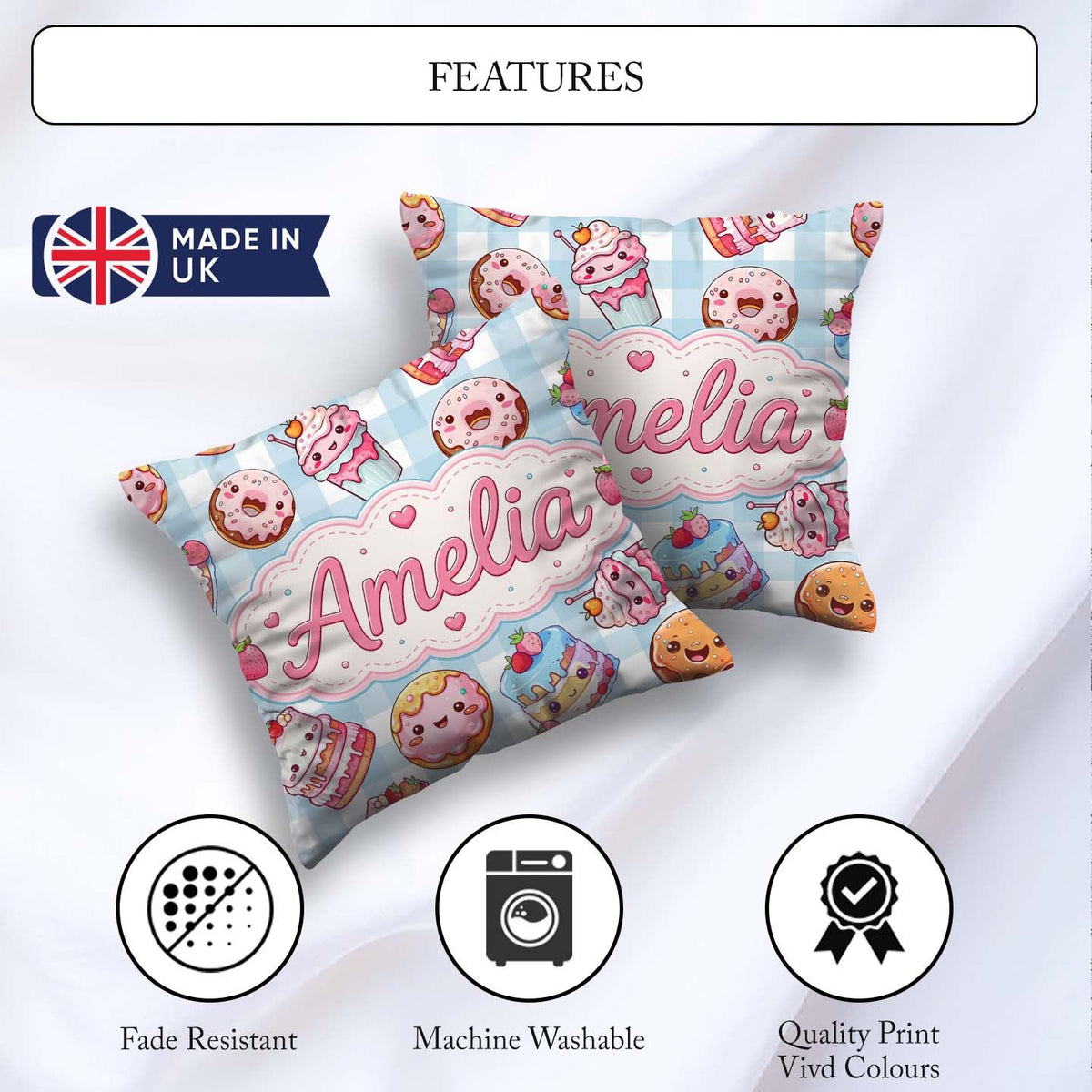 Custom Name Cute Kawaii Donut Cake Dessert Blue Gingham Seamless Square Filled Cushion Throw Pillow Sofa Bed Home Decor Zip Washable UK Made