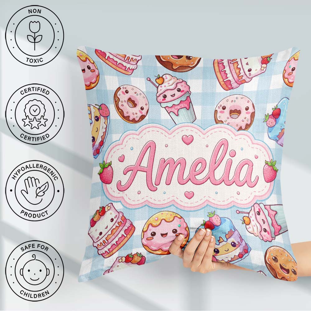 Custom Name Cute Kawaii Donut Cake Dessert Blue Gingham Seamless Square Filled Cushion Throw Pillow Sofa Bed Home Decor Zip Washable UK Made