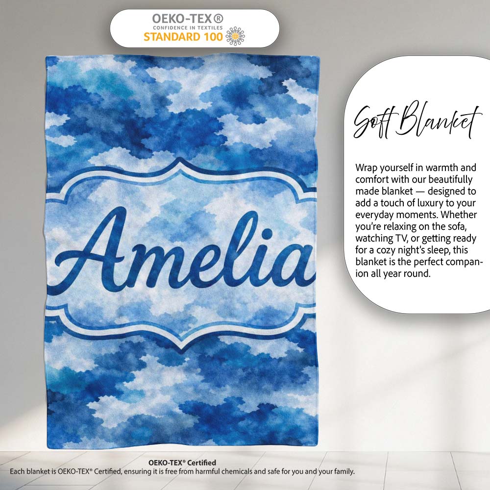 Watercolor Blue Camouflage Artistic Seamless Pattern Lovely Personalised Custom Name Super Soft Fleece Blanket Bed Sofa Throw