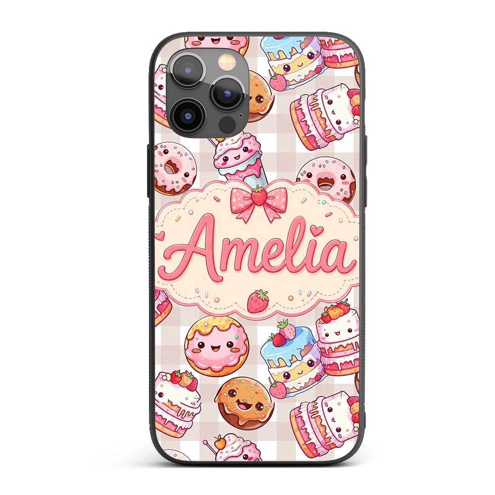 Cute Kawaii Donut Cake Dessert Beige Gingham Custom Name Protective Phone Case Mobile Cover Durable Everyday Smartphone Shock Resistant