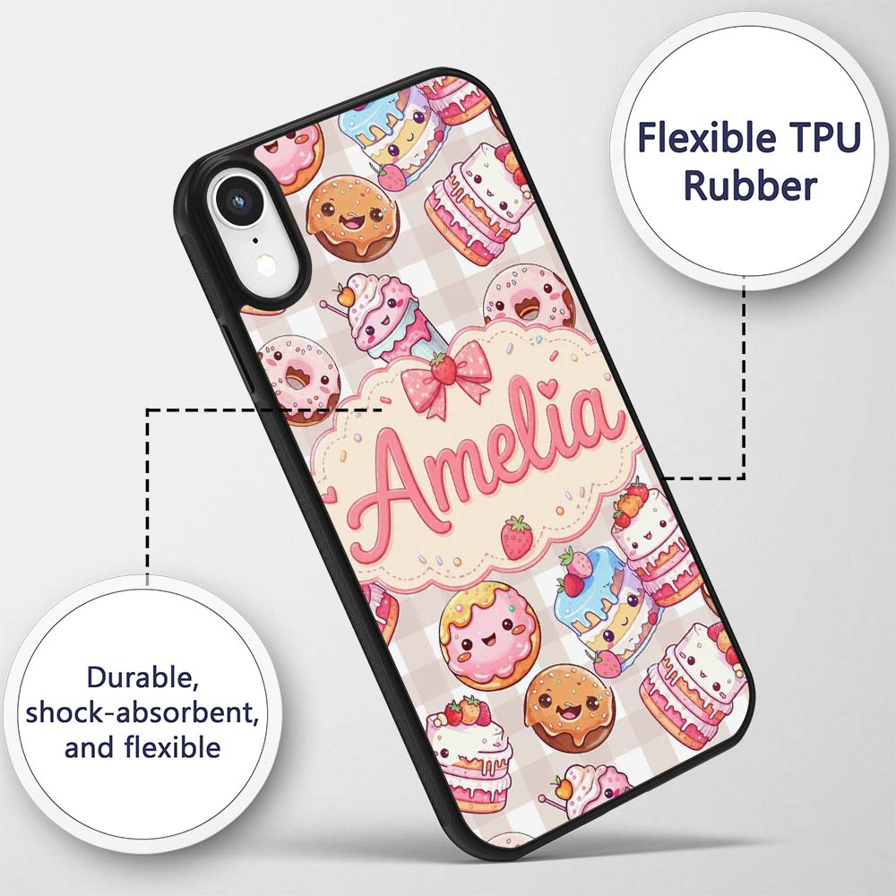 Cute Kawaii Donut Cake Dessert Beige Gingham Custom Name Protective Phone Case Mobile Cover Durable Everyday Smartphone Shock Resistant