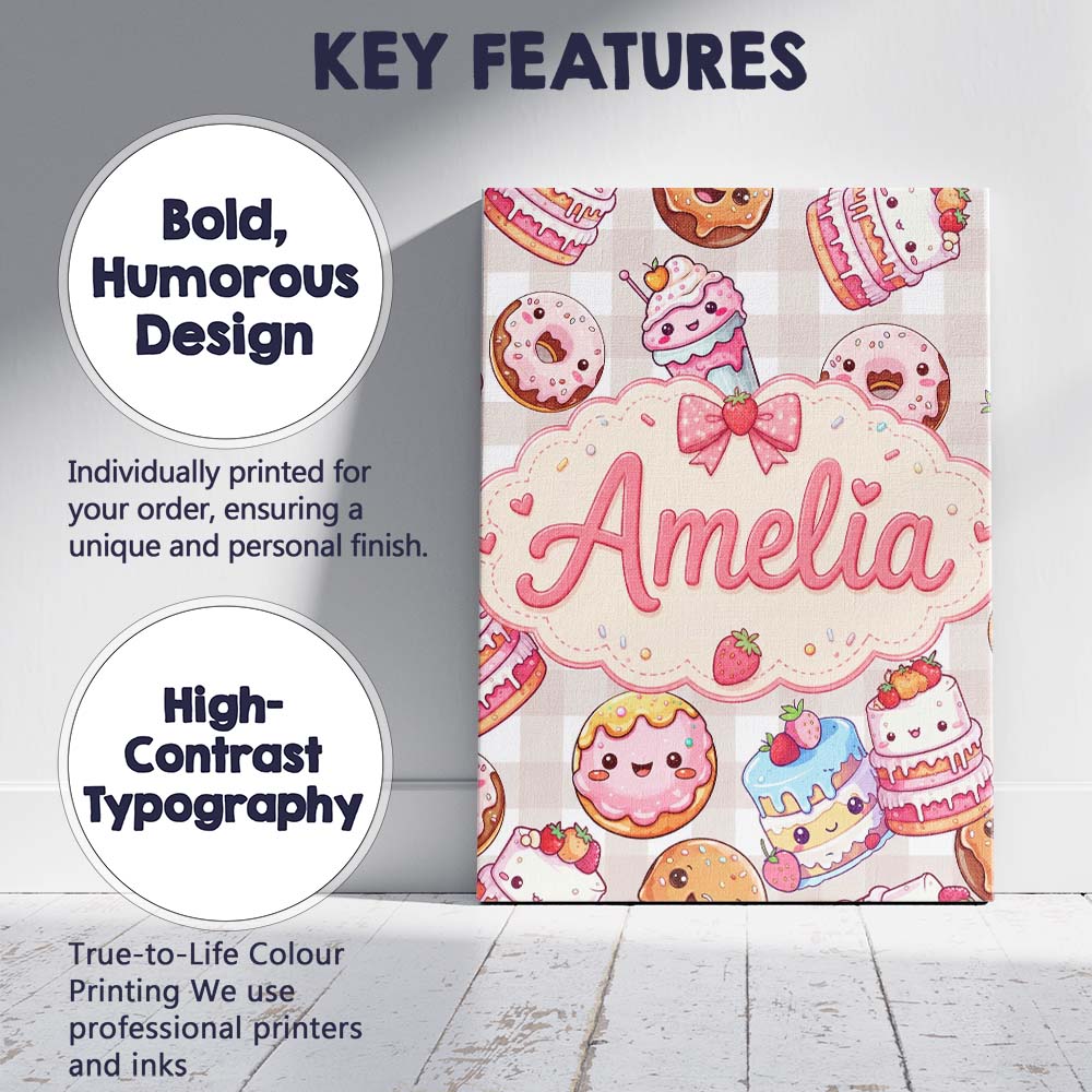 Personalised Name Cute Kawaii Donut Cake Custom Unique Gift Idea Elegant Feature Canvas Wall Art Print Decor Picture Ready to Hang