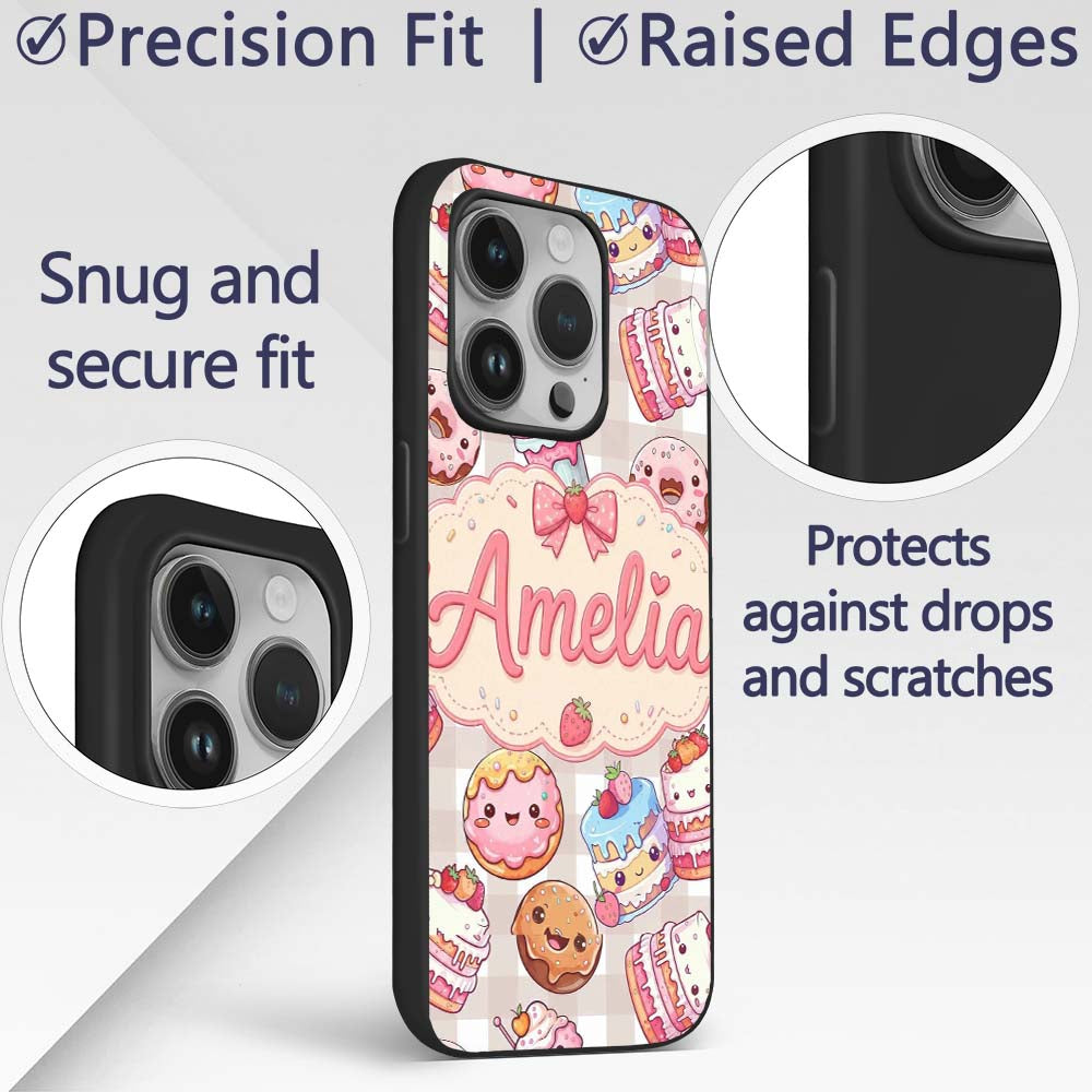 Cute Kawaii Donut Cake Dessert Beige Gingham Custom Name Protective Phone Case Mobile Cover Durable Everyday Smartphone Shock Resistant