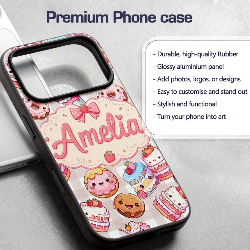 Cute Kawaii Donut Cake Dessert Beige Gingham Custom Name Protective Phone Case Mobile Cover Durable Everyday Smartphone Shock Resistant
