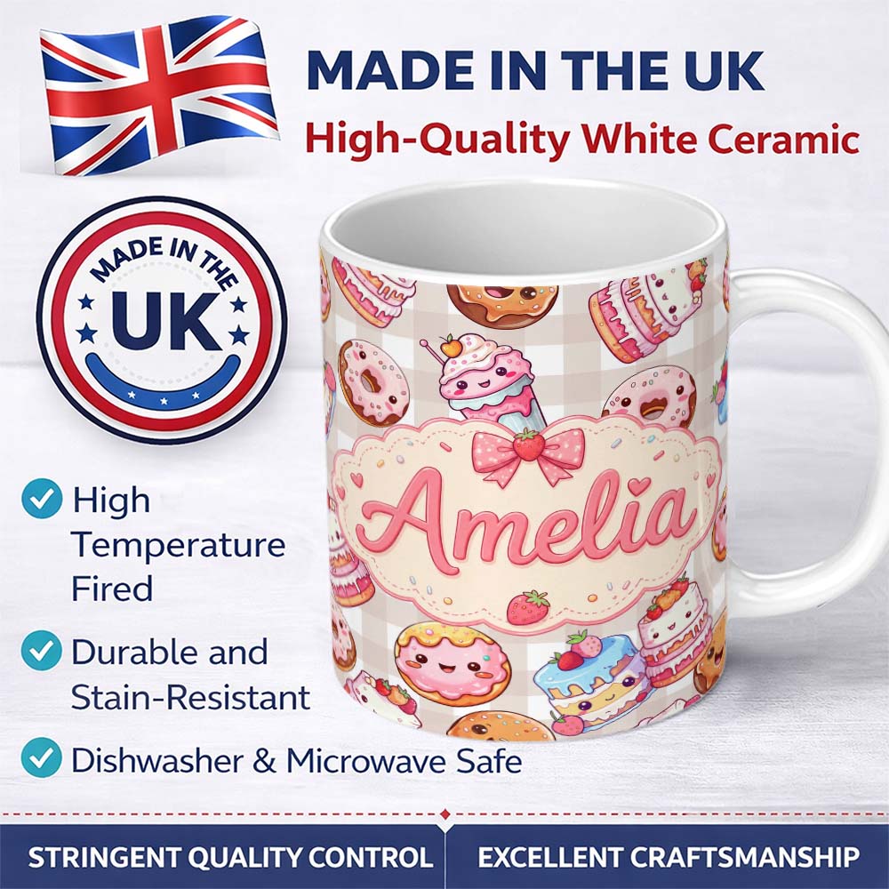 Personalized Custom Name Cute Kawaii Donut Cake Dessert Beige Gingham Seamless Pattern Name 11oz Ceramic Coffee Tea Mug White Large Handle