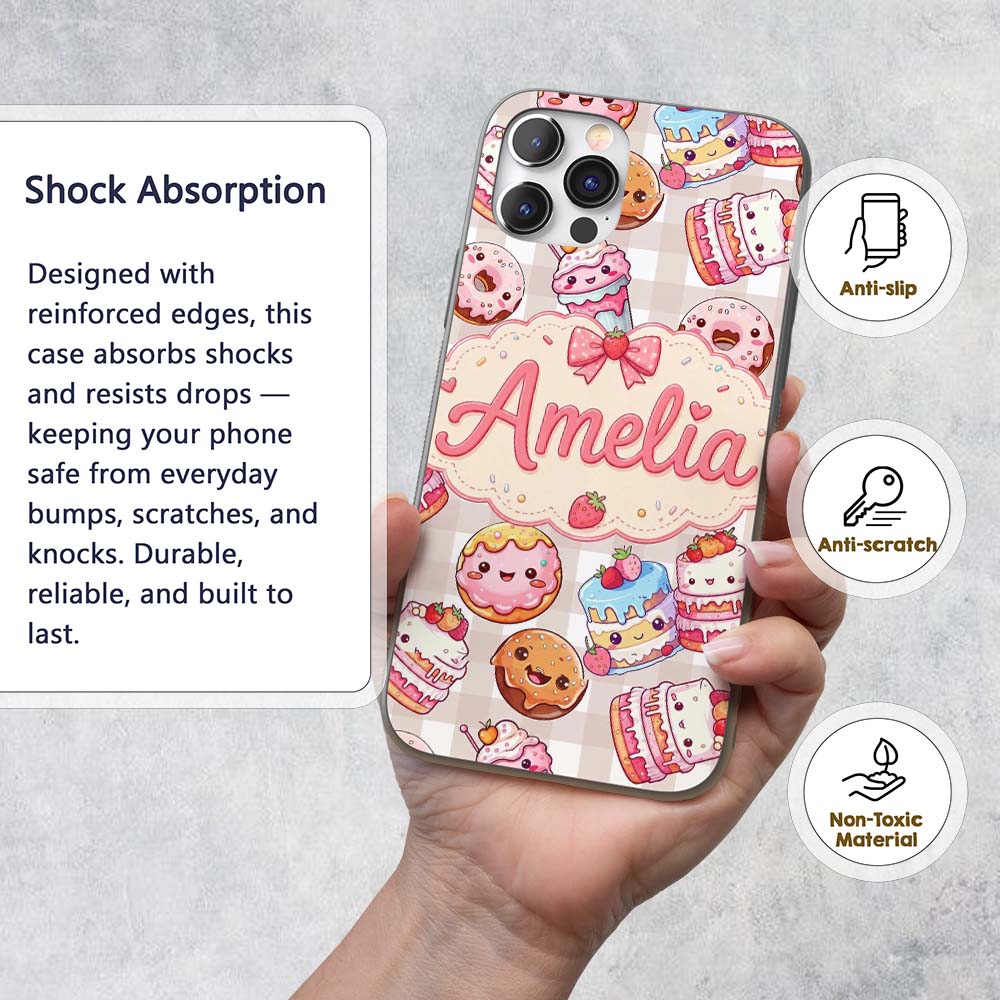 Cute Kawaii Donut Cake Dessert Beige Gingham Custom Name Protective Phone Case Mobile Cover Durable Everyday Smartphone Shock Resistant