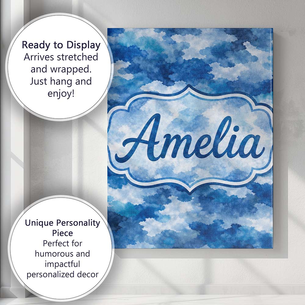 Personalised Name Watercolor Blue Camouflage Artistic Seamless Custom Modern Room Accent Canvas Wall Art Print Decor Picture Ready to Hang