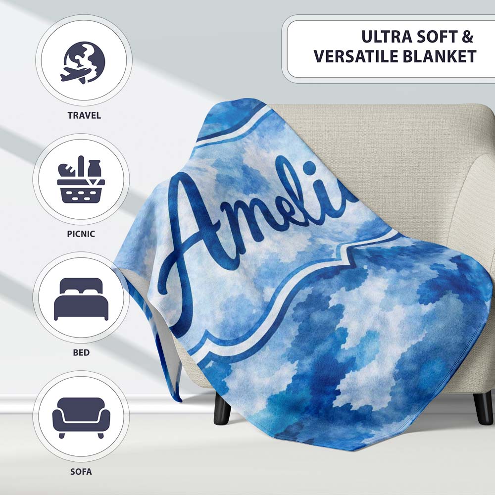 Watercolor Blue Camouflage Artistic Seamless Pattern Lovely Personalised Custom Name Super Soft Fleece Blanket Bed Sofa Throw