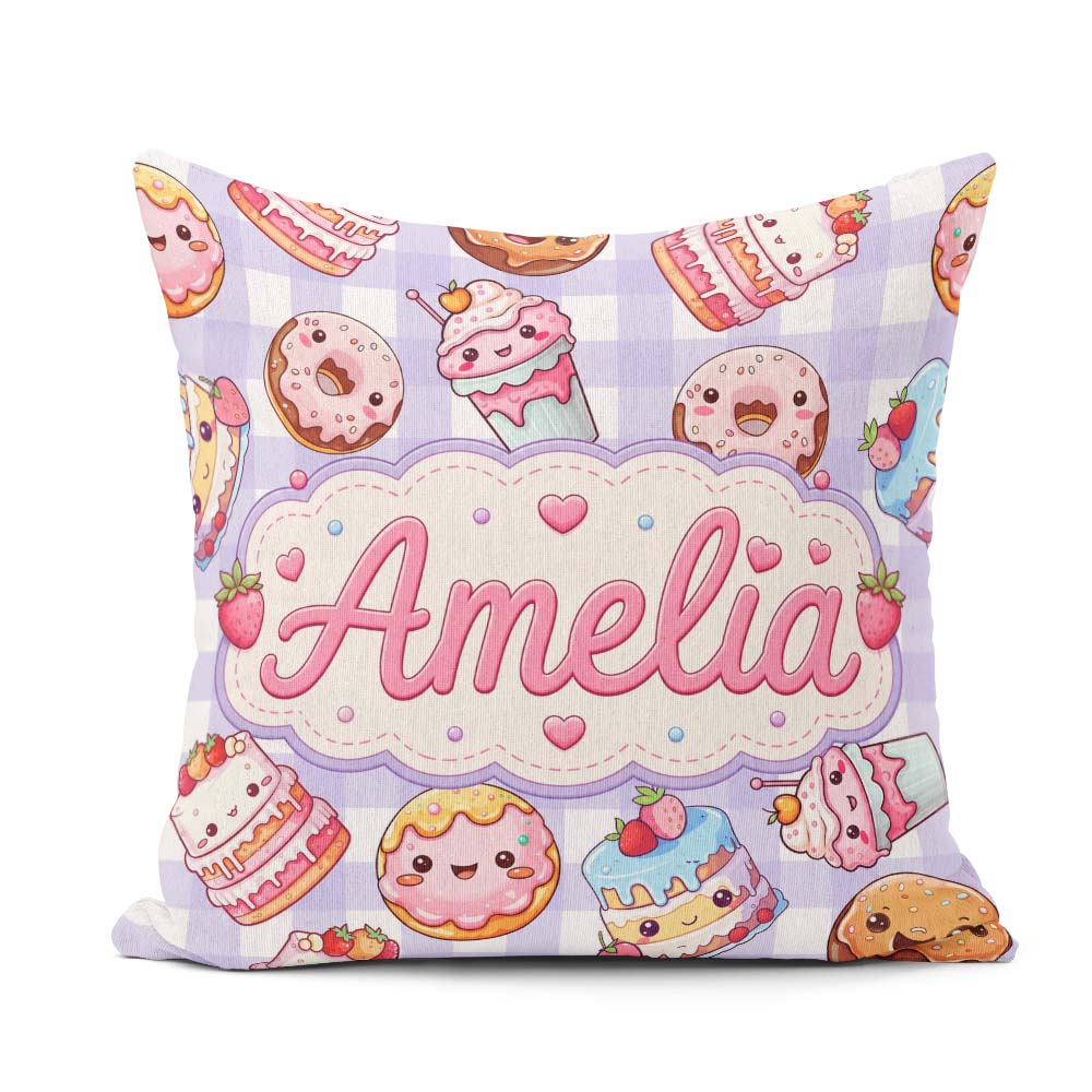 Custom Name Kawaii Donut Dessert Purple Gingham Seamless Pattern Square Filled Cushion Throw Pillow Sofa Bed Home Decor Zip Washable UK Made