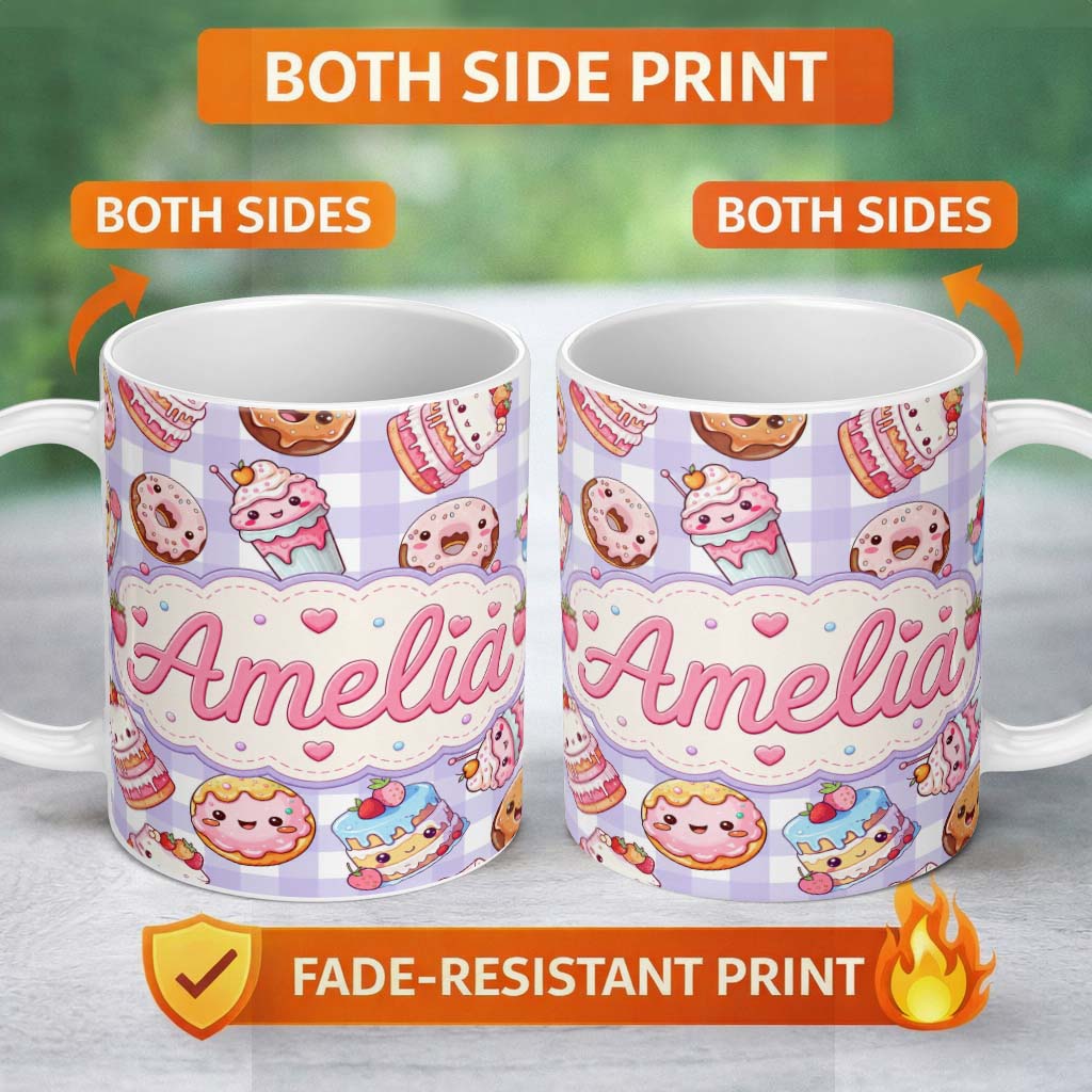 Personalized Custom Name Cute Kawaii Donut Cake Dessert Purple Gingham Seamless Pattern 11oz Ceramic Coffee Tea Mug White Large Handle