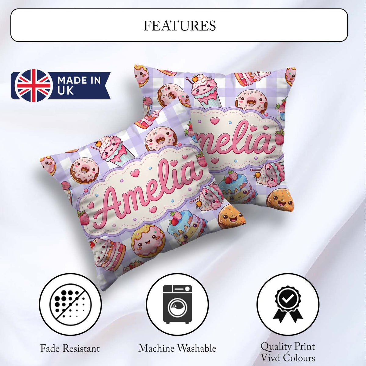 Custom Name Kawaii Donut Dessert Purple Gingham Seamless Pattern Square Filled Cushion Throw Pillow Sofa Bed Home Decor Zip Washable UK Made