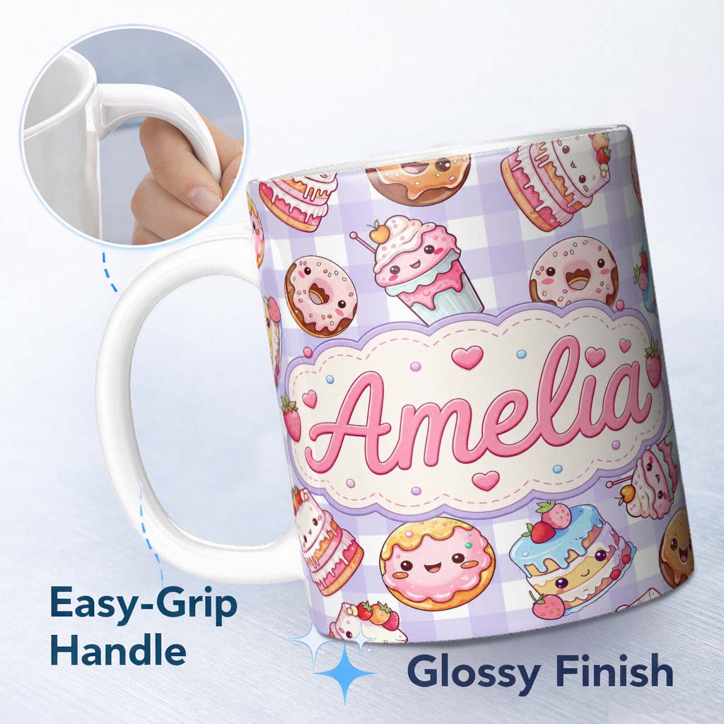 Personalized Custom Name Cute Kawaii Donut Cake Dessert Purple Gingham Seamless Pattern 11oz Ceramic Coffee Tea Mug White Large Handle