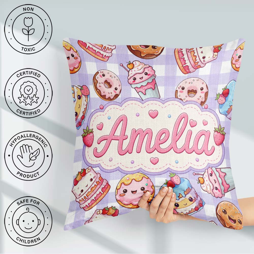 Custom Name Kawaii Donut Dessert Purple Gingham Seamless Pattern Square Filled Cushion Throw Pillow Sofa Bed Home Decor Zip Washable UK Made