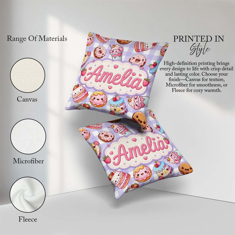 Custom Name Kawaii Donut Dessert Purple Gingham Seamless Pattern Square Filled Cushion Throw Pillow Sofa Bed Home Decor Zip Washable UK Made