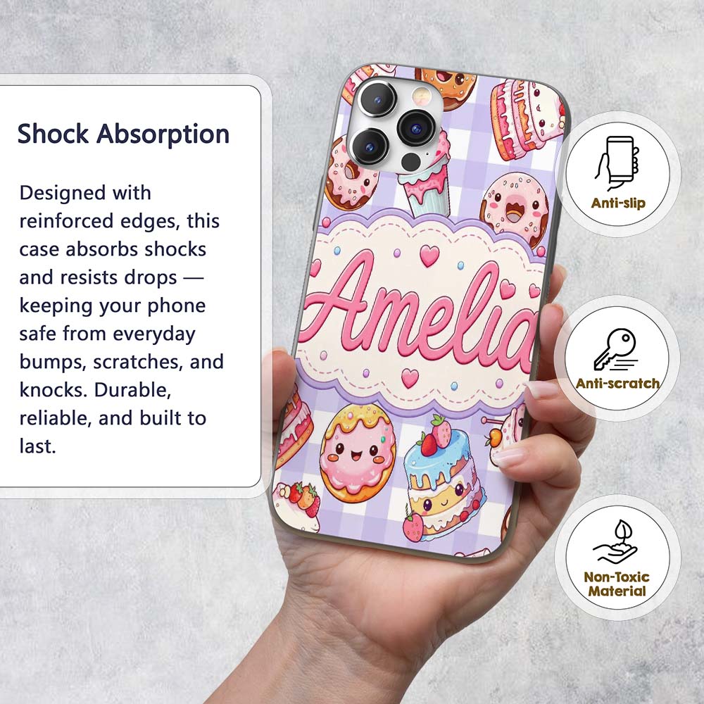Cute Kawaii Donut Cake Dessert Purple Gingham Custom Name Protective Phone Case Mobile Cover Durable Everyday Smartphone Shock Resistant