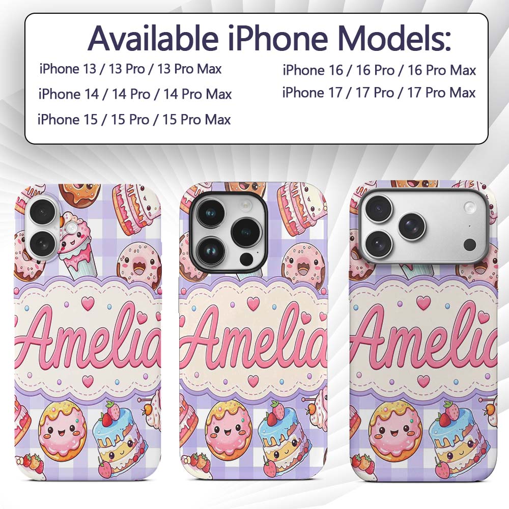 Cute Kawaii Donut Cake Dessert Purple Gingham Custom Name Protective Phone Case Mobile Cover Durable Everyday Smartphone Shock Resistant