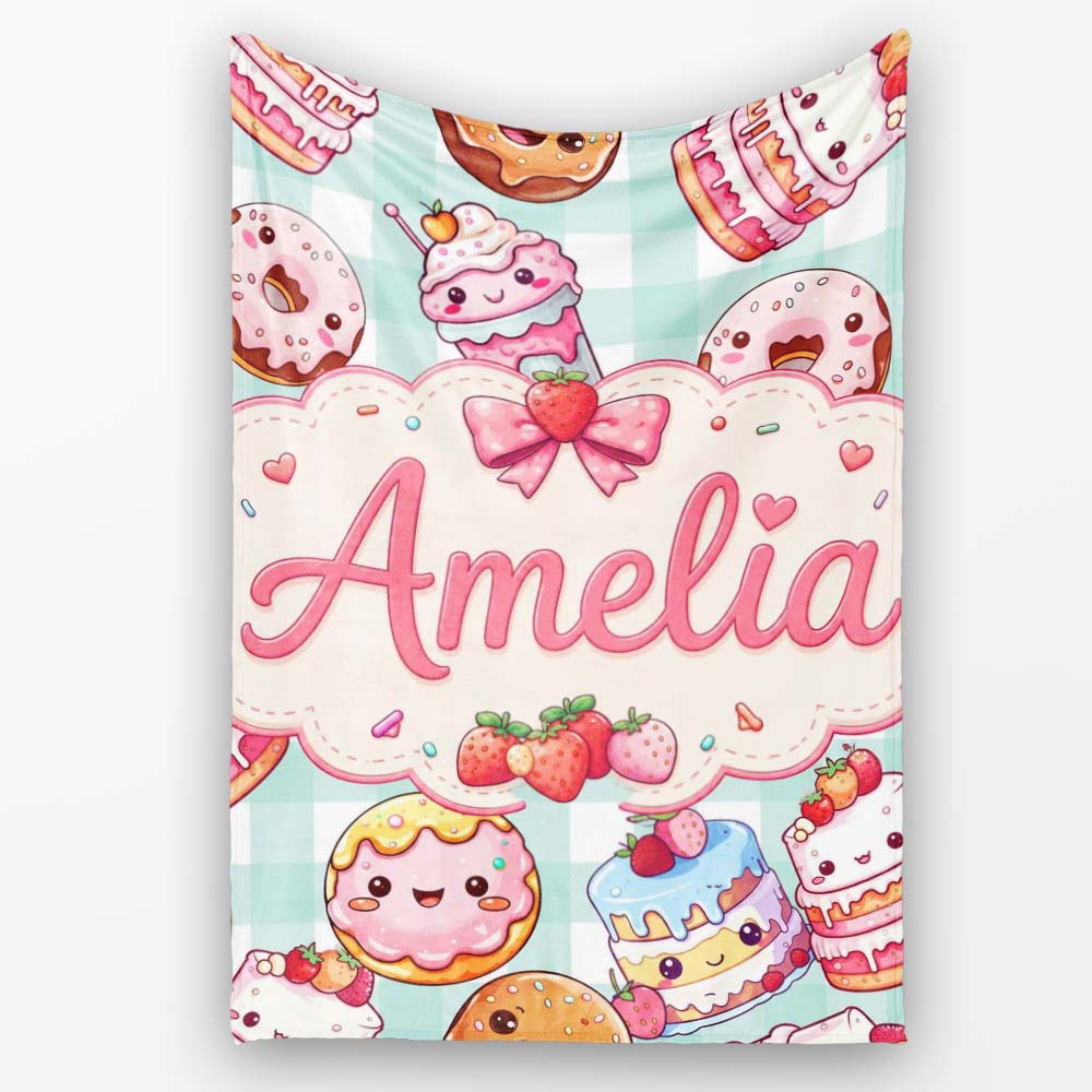 Cute Kawaii Donut Cake Dessert Mint Gingham Seamless Pattern Name Personalised Custom Name Super Soft Fleece Blanket Bed Sofa Throw