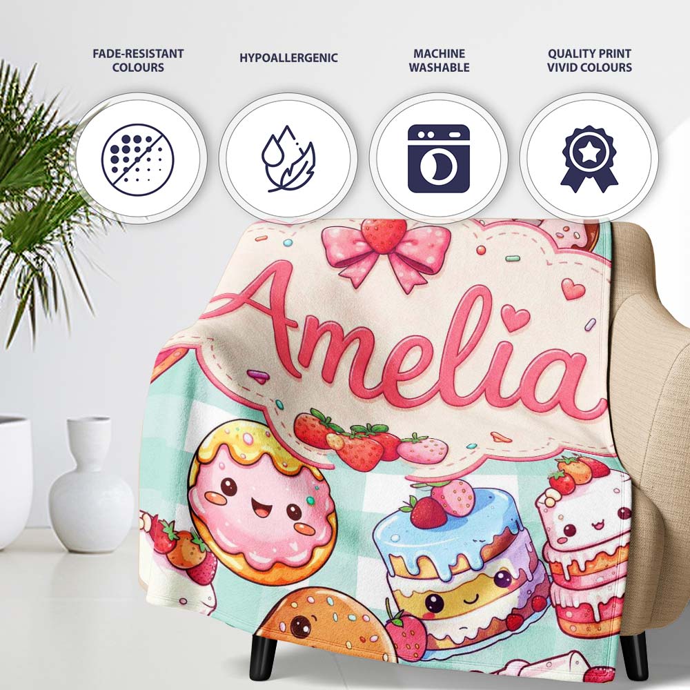 Cute Kawaii Donut Cake Dessert Mint Gingham Seamless Pattern Name Personalised Custom Name Super Soft Fleece Blanket Bed Sofa Throw