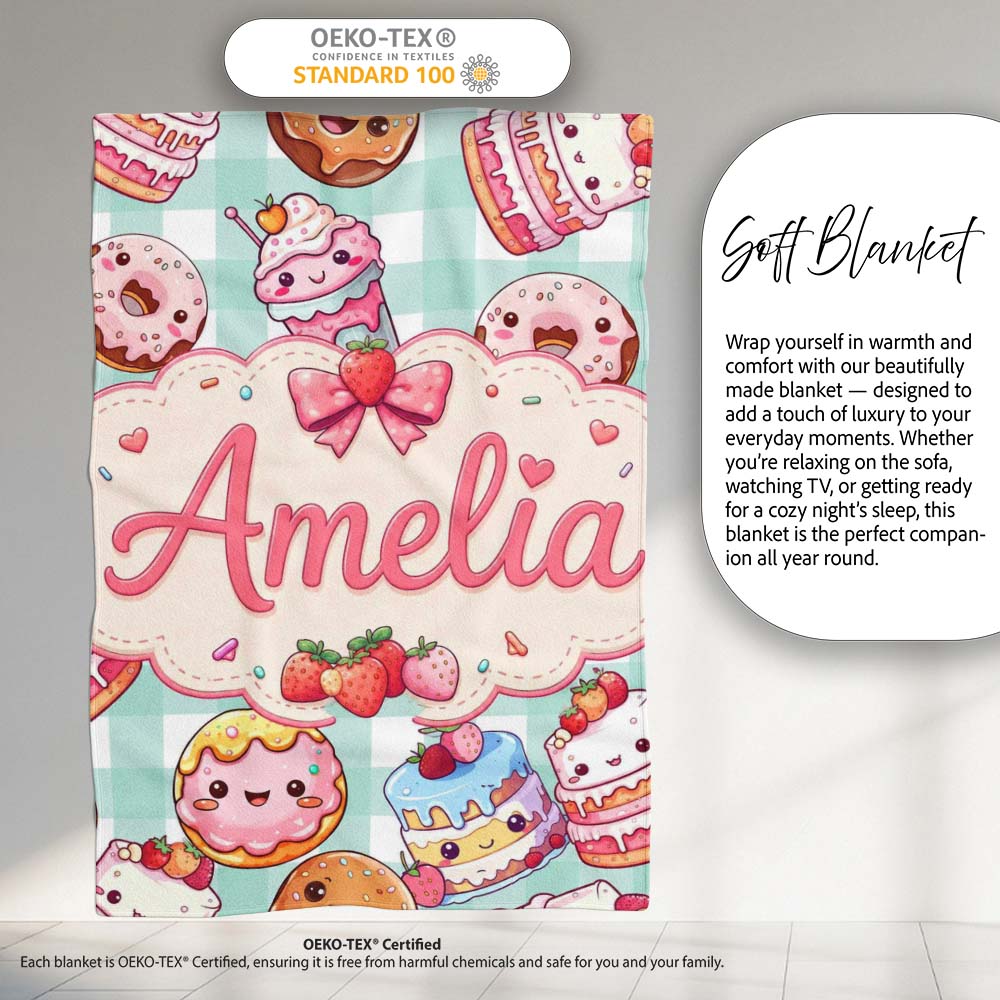 Cute Kawaii Donut Cake Dessert Mint Gingham Seamless Pattern Name Personalised Custom Name Super Soft Fleece Blanket Bed Sofa Throw