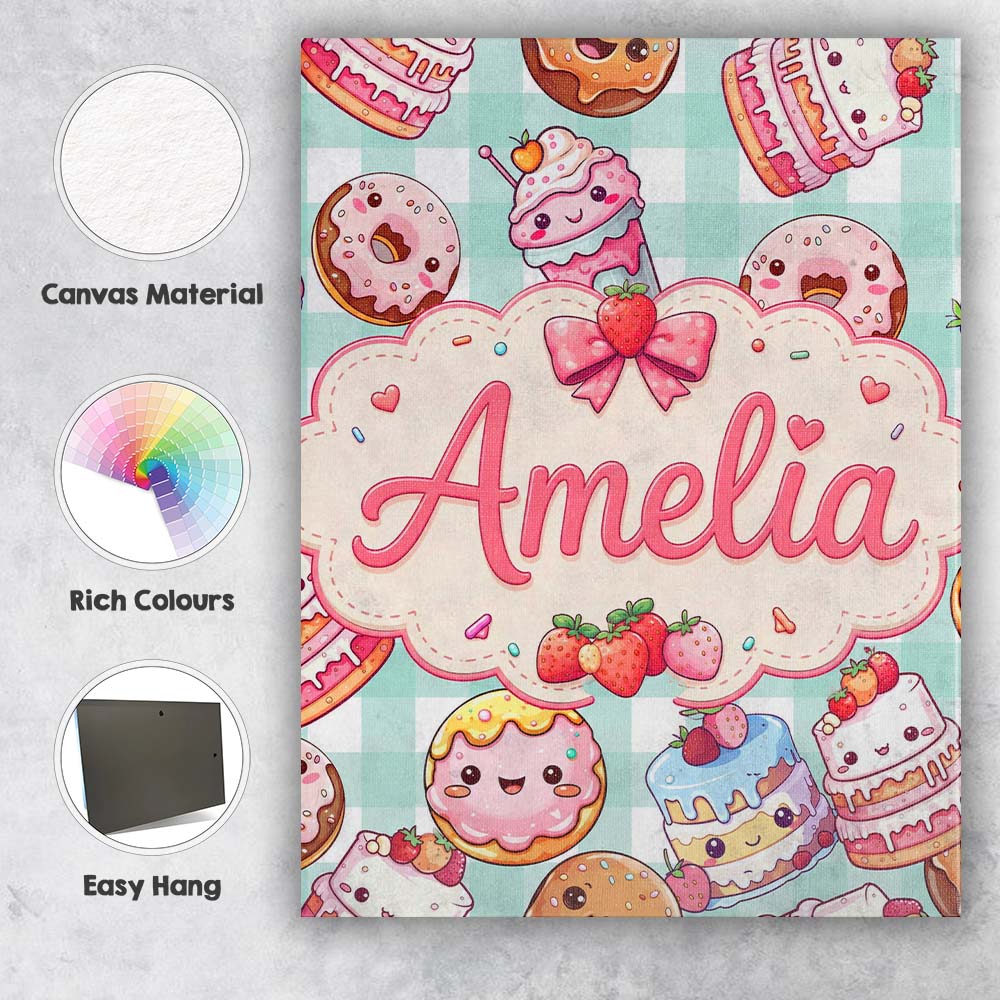 Personalised Name Cute Kawaii Donut Cake Custom Unique Gift Idea Elegant Feature Canvas Wall Art Print Decor Picture Ready to Hang