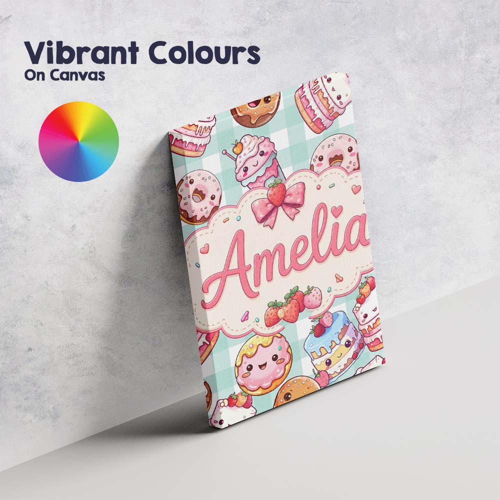 Personalised Name Cute Kawaii Donut Cake Custom Unique Gift Idea Elegant Feature Canvas Wall Art Print Decor Picture Ready to Hang