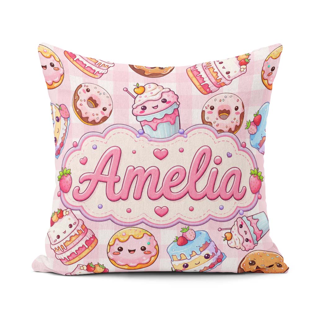 Custom Name Kawaii Donut Cake Dessert Pink Gingham Seamless Name Square Filled Cushion Throw Pillow Sofa Bed Home Decor Zip Washable UK Made