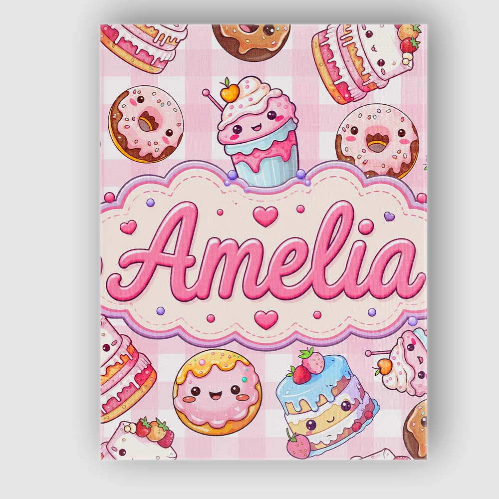Personalised Name Cute Kawaii Donut Cake Custom Unique Gift Idea Elegant Feature Canvas Wall Art Print Decor Picture Ready to Hang