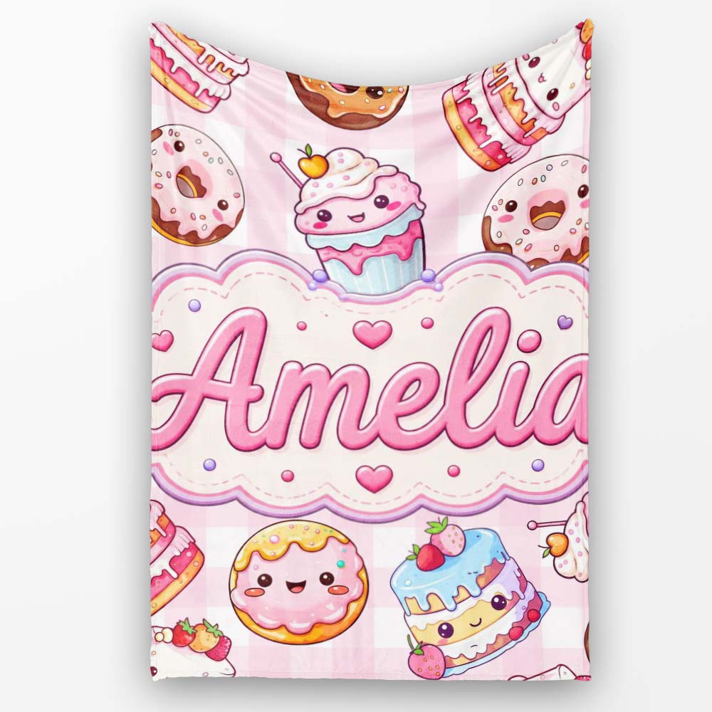 Cute Kawaii Donut Cake Dessert Pink Gingham Seamless Pattern Name Personalised Custom Name Super Soft Fleece Blanket Bed Sofa Throw