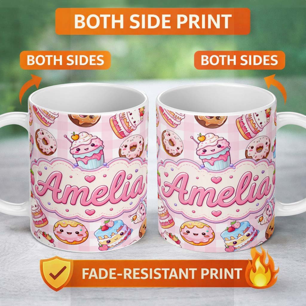 Personalized Custom Name Cute Kawaii Donut Cake Dessert Pink Gingham Seamless Pattern Name 11oz Ceramic Coffee Tea Mug White Large Handle