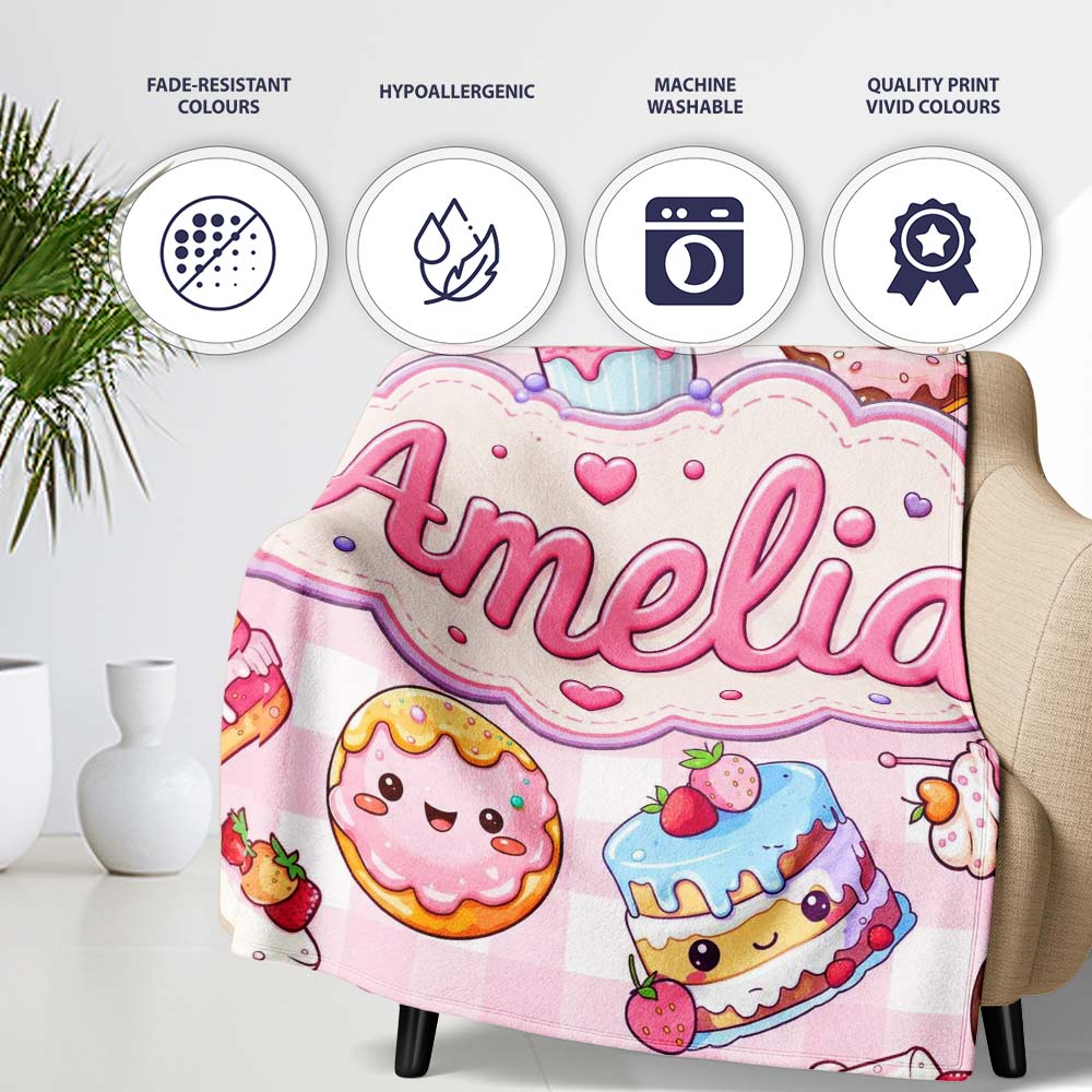 Cute Kawaii Donut Cake Dessert Pink Gingham Seamless Pattern Name Personalised Custom Name Super Soft Fleece Blanket Bed Sofa Throw