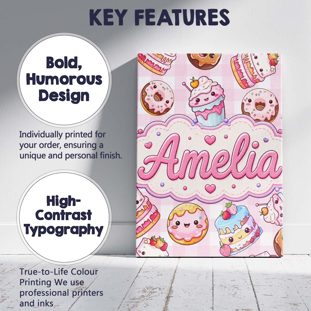 Personalised Name Cute Kawaii Donut Cake Custom Unique Gift Idea Elegant Feature Canvas Wall Art Print Decor Picture Ready to Hang
