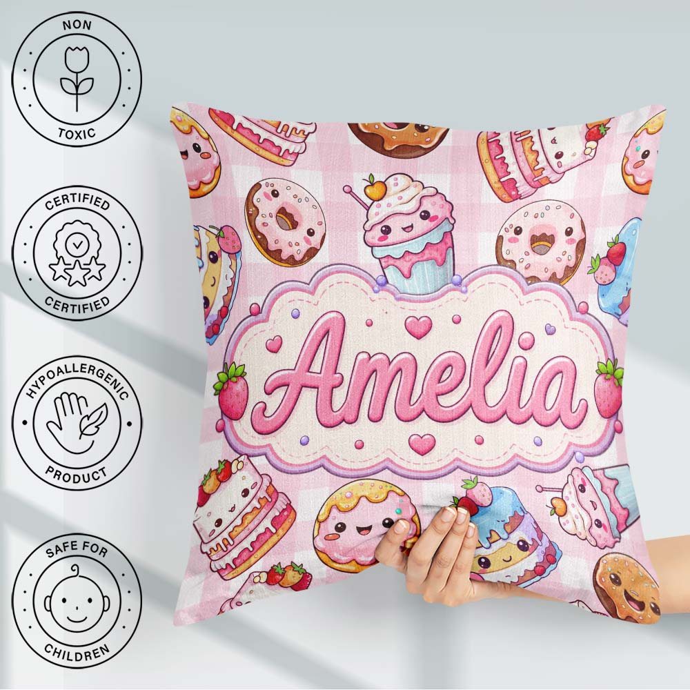 Custom Name Kawaii Donut Cake Dessert Pink Gingham Seamless Name Square Filled Cushion Throw Pillow Sofa Bed Home Decor Zip Washable UK Made
