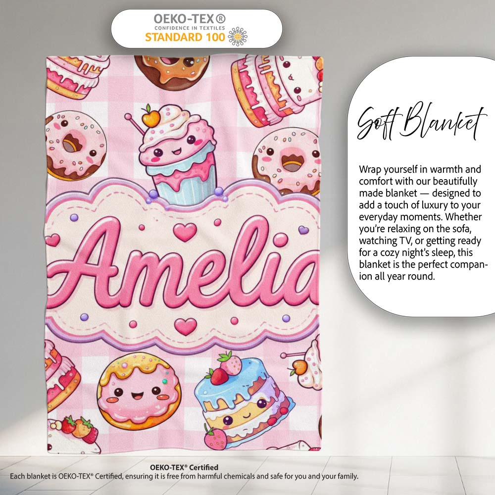 Cute Kawaii Donut Cake Dessert Pink Gingham Seamless Pattern Name Personalised Custom Name Super Soft Fleece Blanket Bed Sofa Throw