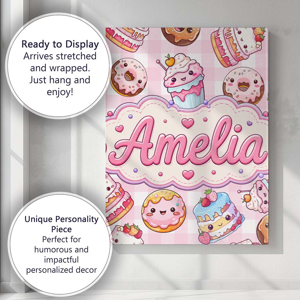 Personalised Name Cute Kawaii Donut Cake Custom Unique Gift Idea Elegant Feature Canvas Wall Art Print Decor Picture Ready to Hang