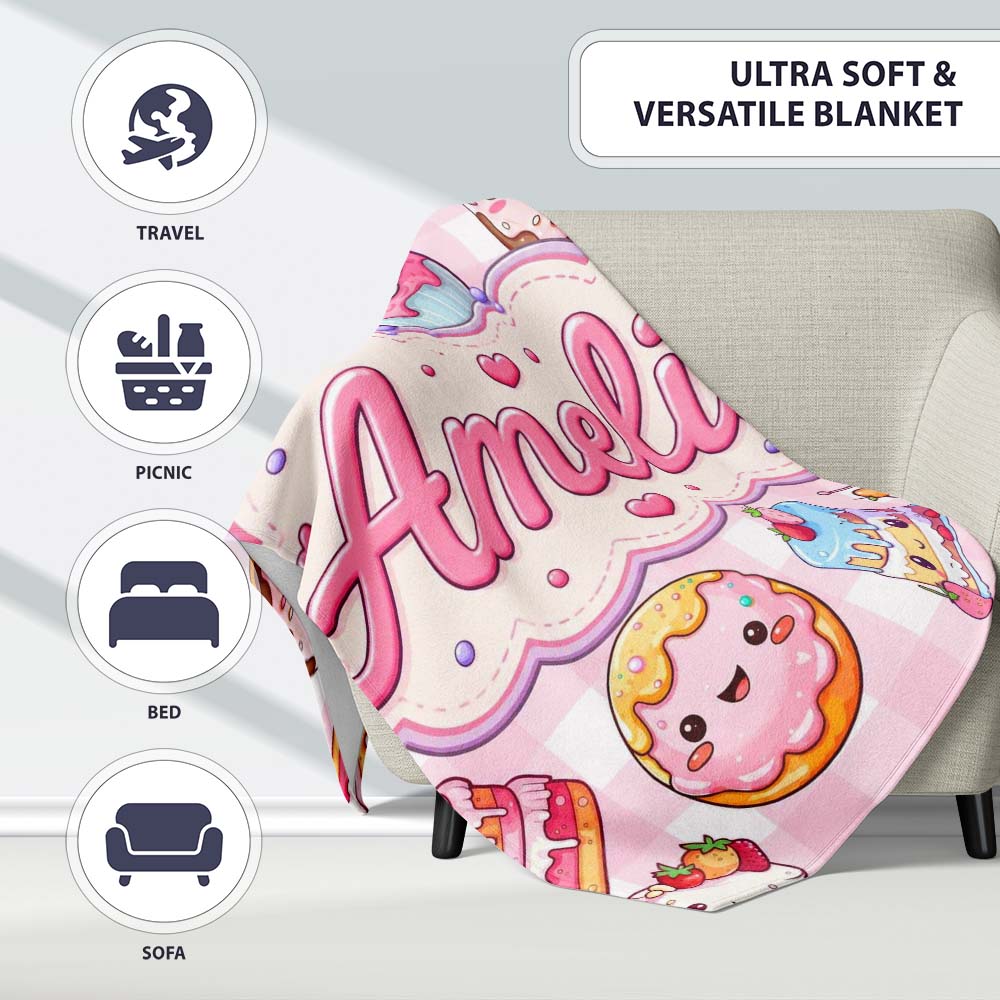 Cute Kawaii Donut Cake Dessert Pink Gingham Seamless Pattern Name Personalised Custom Name Super Soft Fleece Blanket Bed Sofa Throw