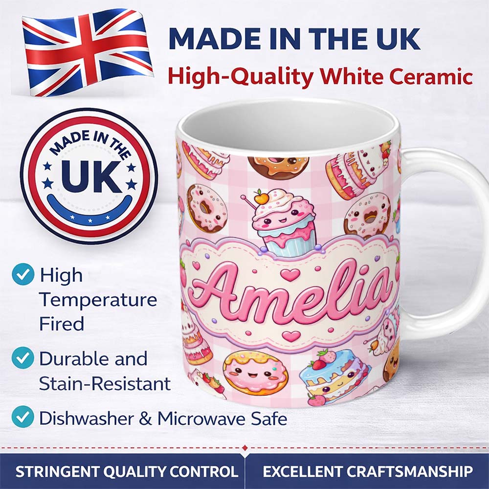 Personalized Custom Name Cute Kawaii Donut Cake Dessert Pink Gingham Seamless Pattern Name 11oz Ceramic Coffee Tea Mug White Large Handle