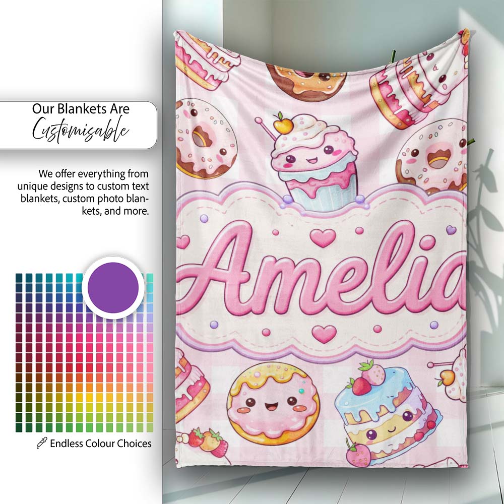 Cute Kawaii Donut Cake Dessert Pink Gingham Seamless Pattern Name Personalised Custom Name Super Soft Fleece Blanket Bed Sofa Throw