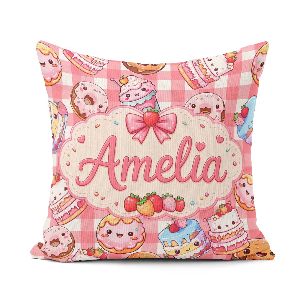Custom Name Donut Cake Dessert Red Gingham Seamless Pattern Name Square Filled Cushion Throw Pillow Sofa Bed Home Decor Zip Washable UK Made
